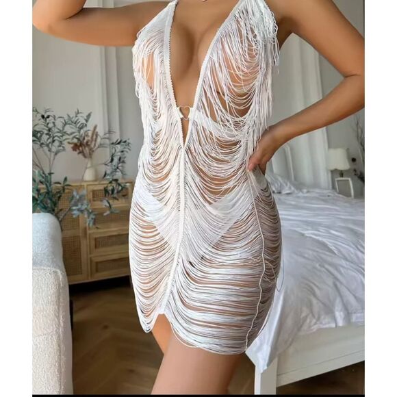 Dolls Kill Dresses & Skirts - New Without Tags Fringe Dress Festival Sexy Size M White Bridal